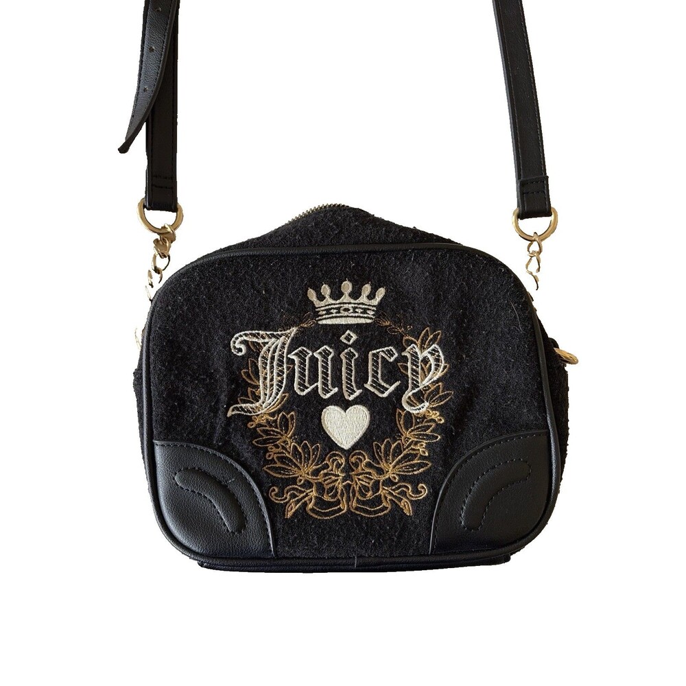 Juicy Couture Black Velour Crossbody Bag Crown Logo Gold Chain